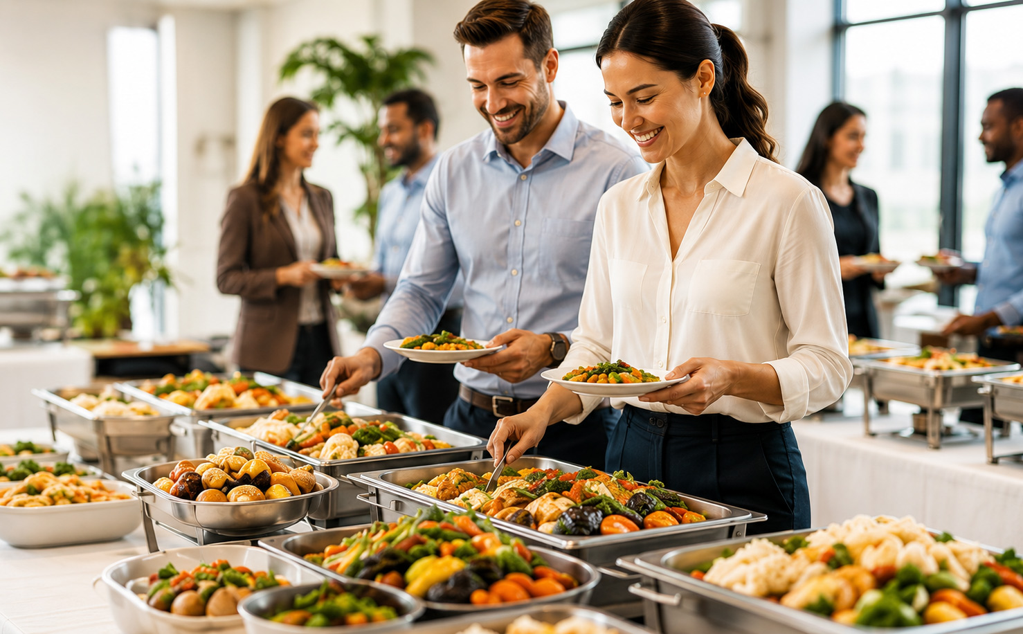 Corporate catering buffet with office workers
