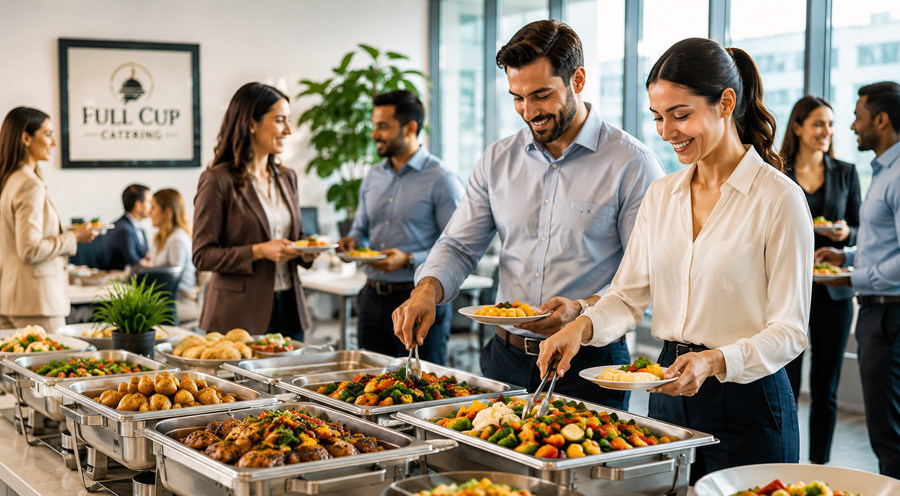 Office employees enjoying fresh daily office catering